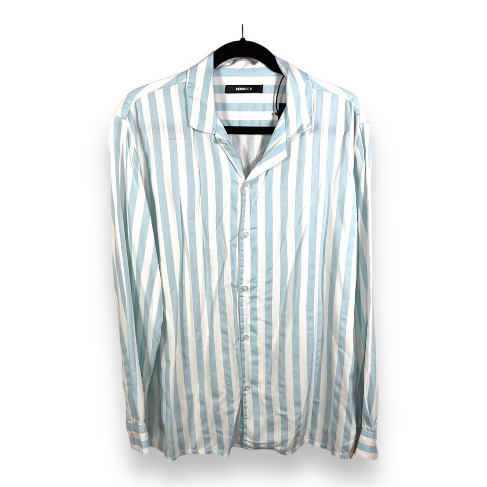 NEW FASHION NOVA MENS MEDIUM BUTTON FRONT SHIRT LONG SLEEVE SHIRT BLUE WHITE